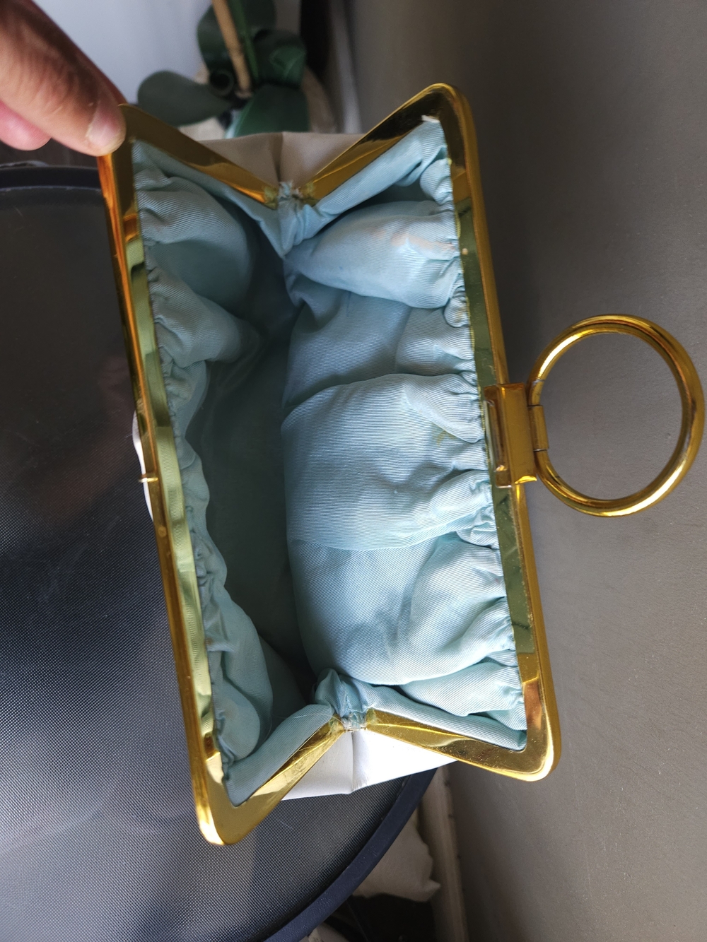 Vintage White Ruched Pouch Clutch with Aqua Satin Interior